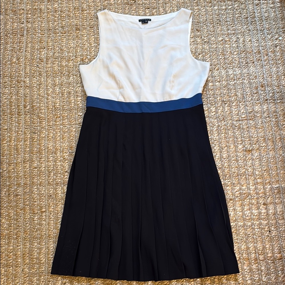 Theory Midi Pleated Work Dress 10 - Navy, blue, and white